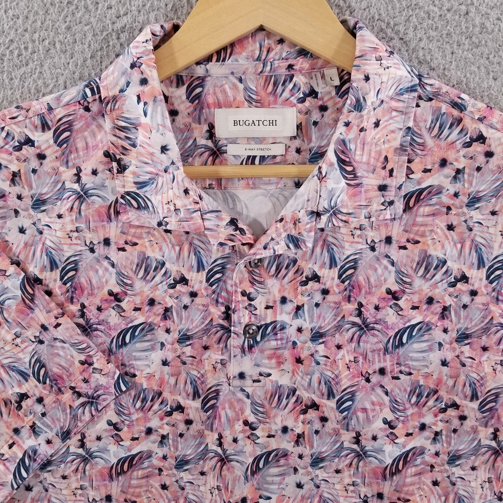 Bugatchi Shirt Mens Large Pink 8 Way Stretch Performance Floral Hawaiian Beach